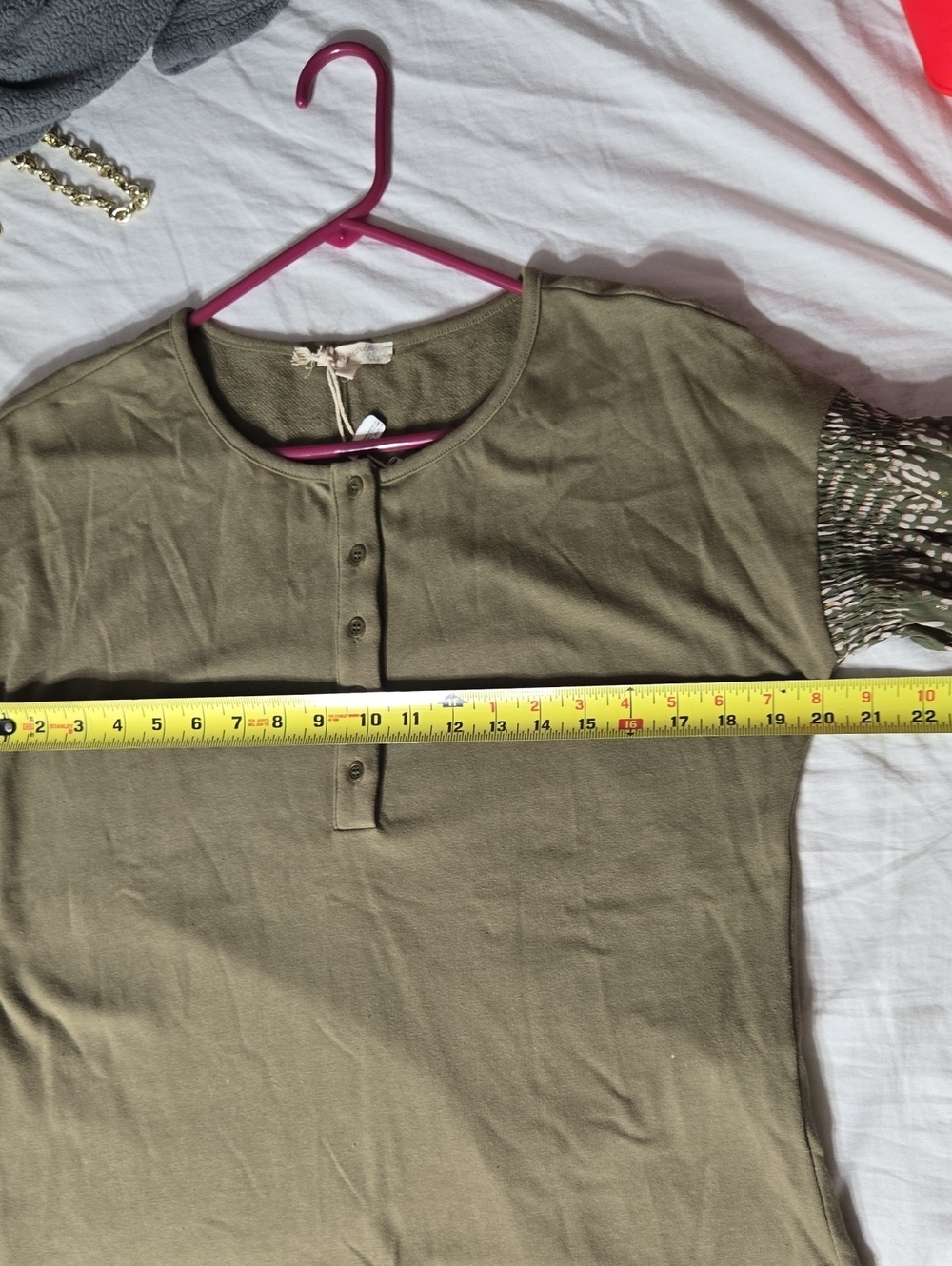Mystree Pullover Olive Color Mixed Sleeves Sz M - Picture 9 of 10